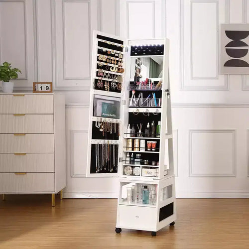 360 Swivel Jewelry Armoire with Full Length Mirror, Jewelry Armoire, Inside Makeup Mirror, Jewelry Organizer, Drawer, 3-Shelfves