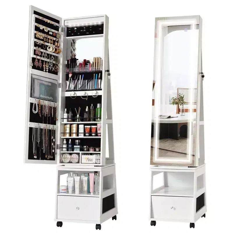 360 Swivel Jewelry Armoire with Full Length Mirror, Jewelry Armoire, Inside Makeup Mirror, Jewelry Organizer, Drawer, 3-Shelfves