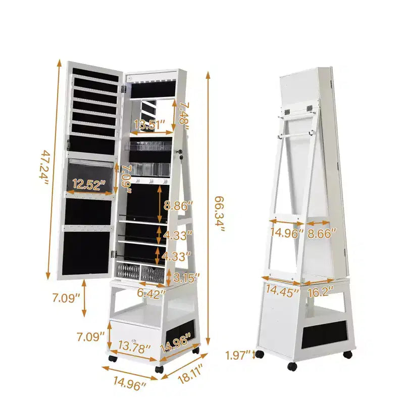360 Swivel Jewelry Armoire with Full Length Mirror, Jewelry Armoire, Inside Makeup Mirror, Jewelry Organizer, Drawer, 3-Shelfves