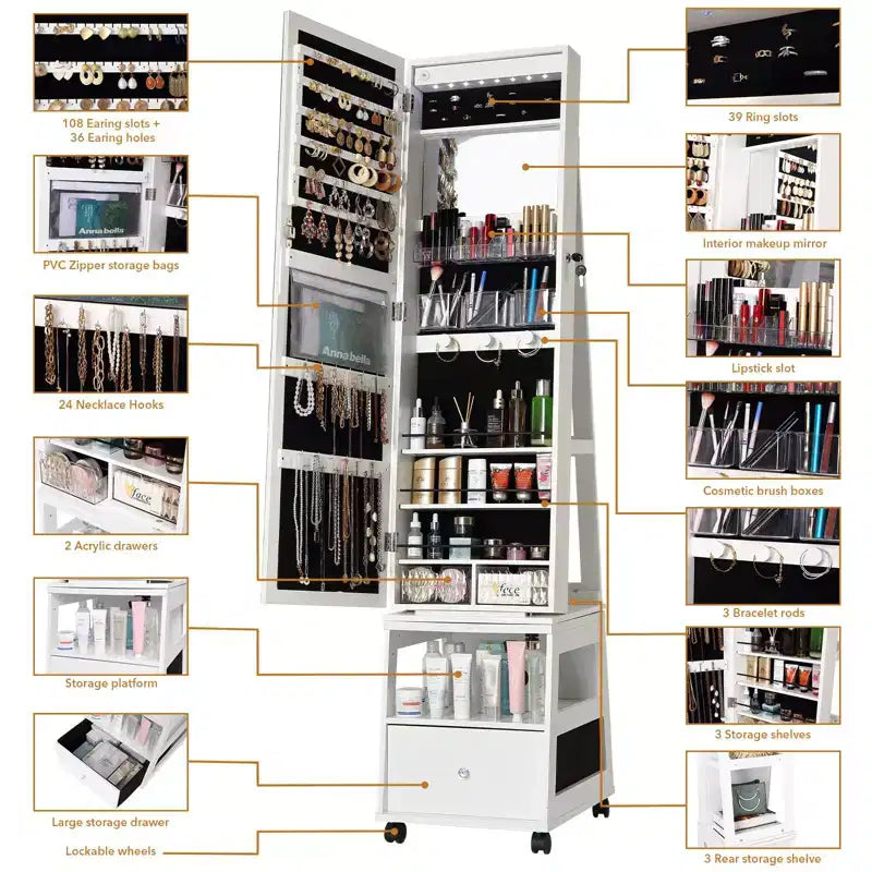 360 Swivel Jewelry Armoire with Full Length Mirror, Jewelry Armoire, Inside Makeup Mirror, Jewelry Organizer, Drawer, 3-Shelfves