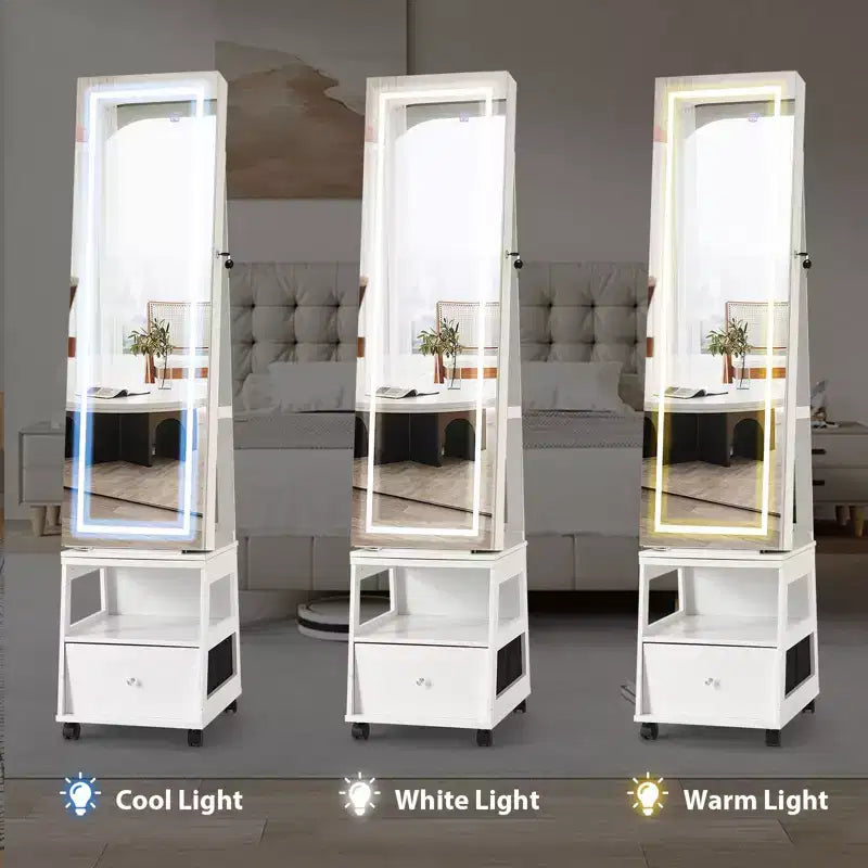 360 Swivel Jewelry Armoire with Full Length Mirror, Jewelry Armoire, Inside Makeup Mirror, Jewelry Organizer, Drawer, 3-Shelfves