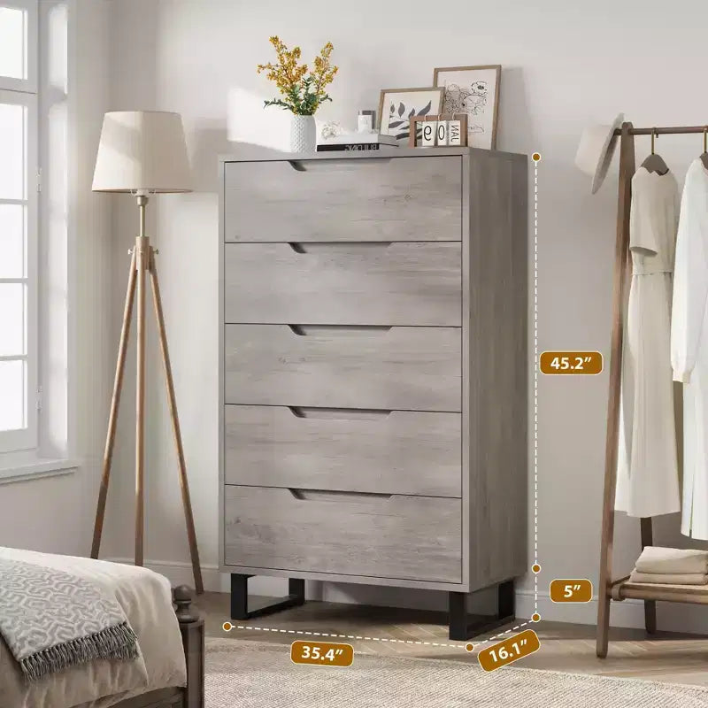 GustoWave 5-Drawer Dresser, 51 Tall Freestanding Vertical Storage Cabinet, Wooden Chest of Drawers for Bedroom or Closet Organization