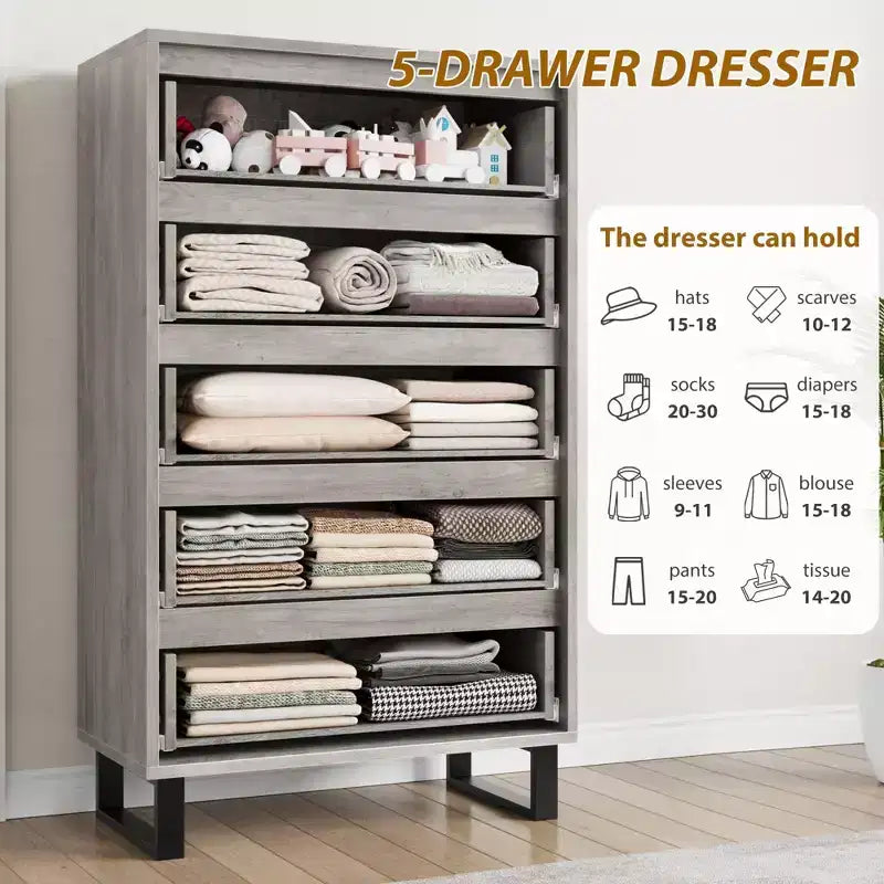 GustoWave 5-Drawer Dresser, 51 Tall Freestanding Vertical Storage Cabinet, Wooden Chest of Drawers for Bedroom or Closet Organization