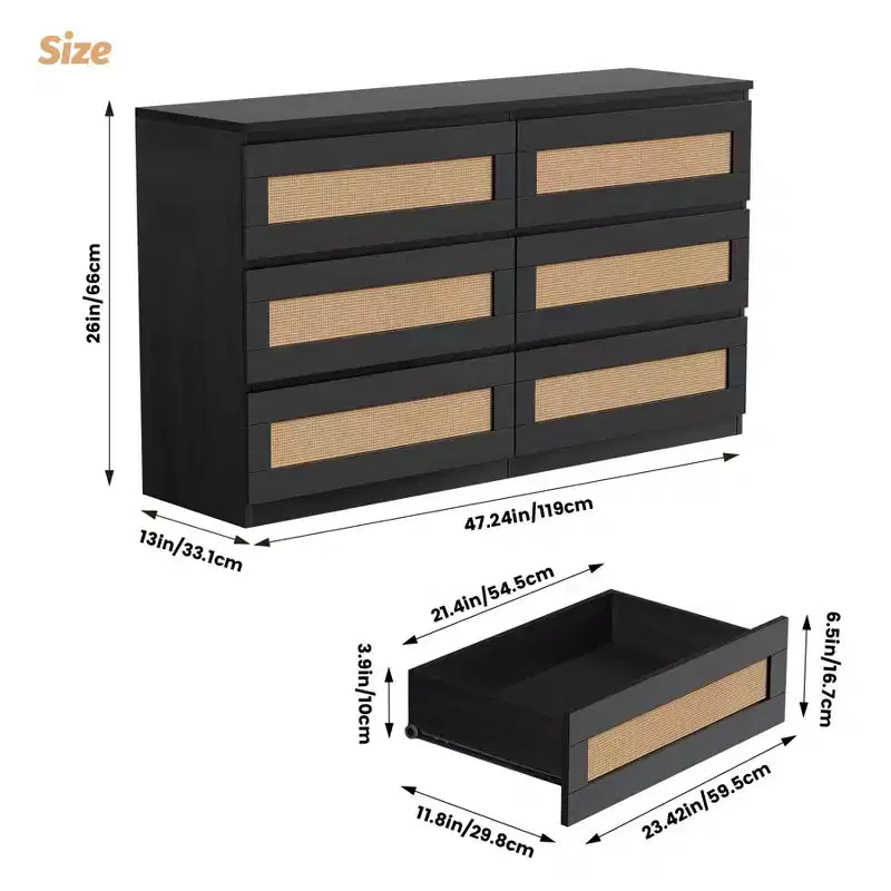 Zstar Rattan 6 Drawer Dresser for Bedroom, Nursery, Entryway, Apartments