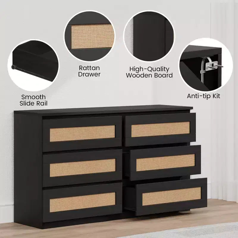 Zstar Rattan 6 Drawer Dresser for Bedroom, Nursery, Entryway, Apartments