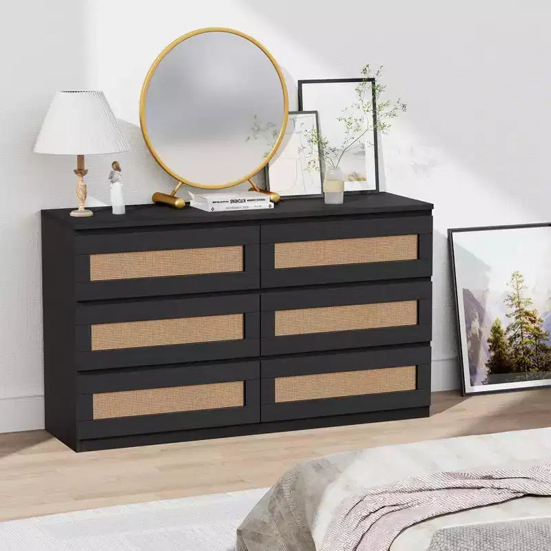 Zstar Rattan 6 Drawer Dresser for Bedroom, Nursery, Entryway, Apartments