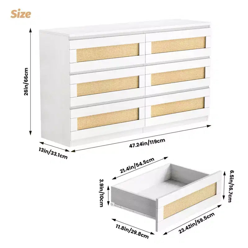 Zstar Rattan 6 Drawer Dresser for Bedroom, Nursery, Entryway, Apartments