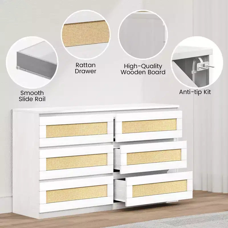 Zstar Rattan 6 Drawer Dresser for Bedroom, Nursery, Entryway, Apartments
