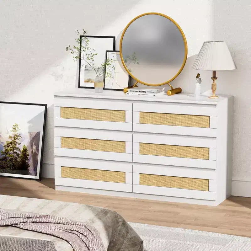 Zstar Rattan 6 Drawer Dresser for Bedroom, Nursery, Entryway, Apartments