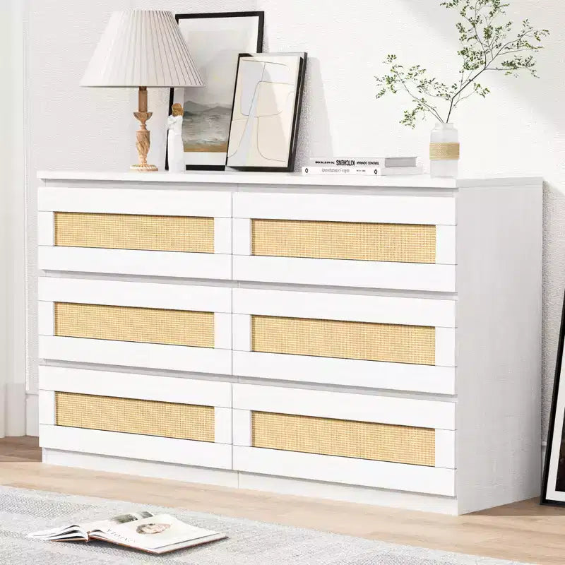 Zstar Rattan 6 Drawer Dresser for Bedroom, Nursery, Entryway, Apartments