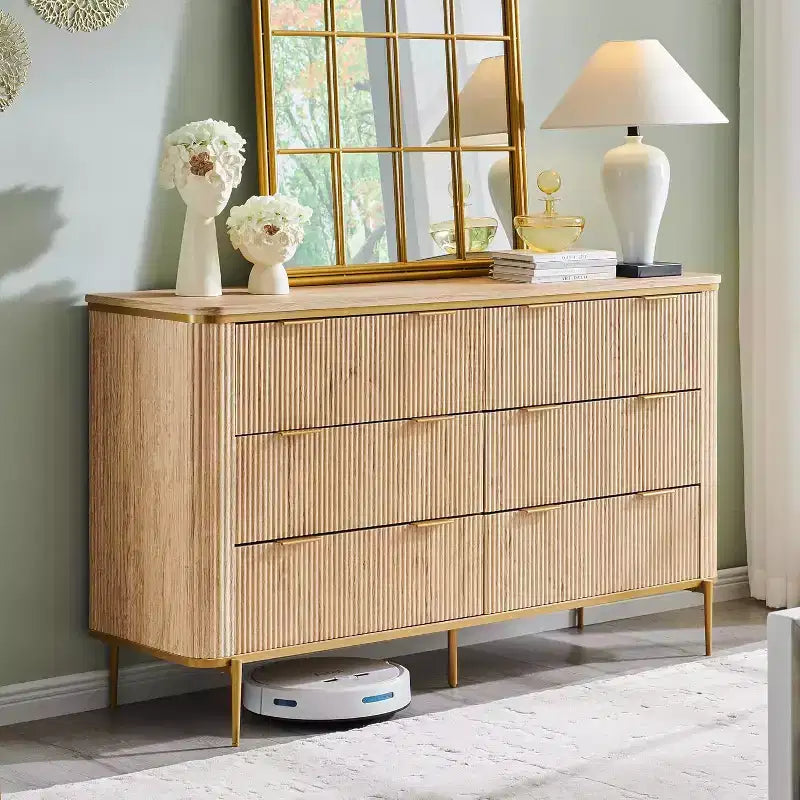 SinCiDo Modern Fluted Drawer Dresser, Gold Accents, Wood TV Stand & Storage Dressers Organizer for Bedroom, Living Room