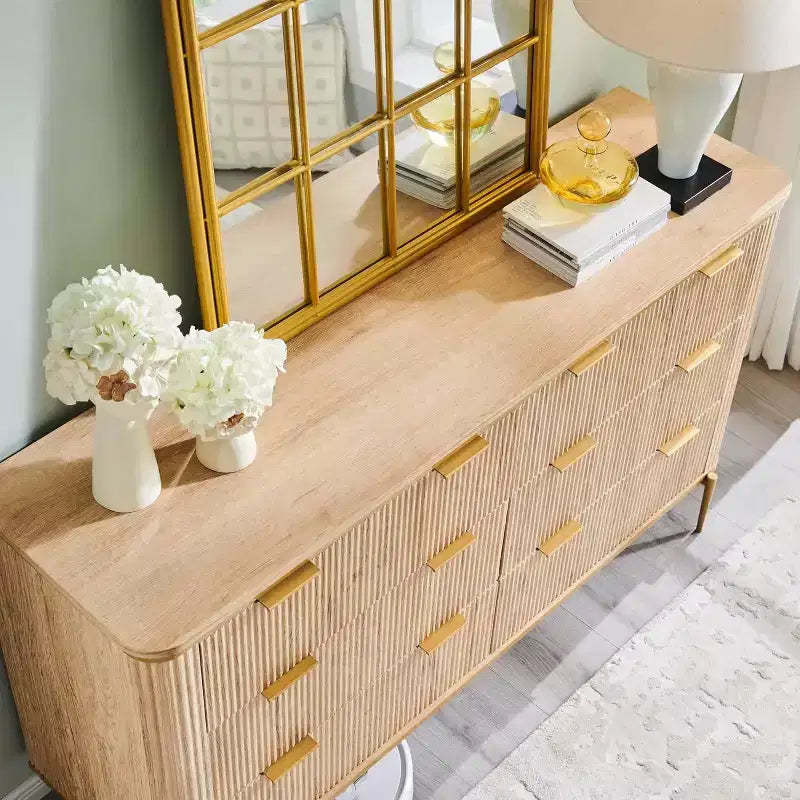 SinCiDo Modern Fluted Drawer Dresser, Gold Accents, Wood TV Stand & Storage Dressers Organizer for Bedroom, Living Room