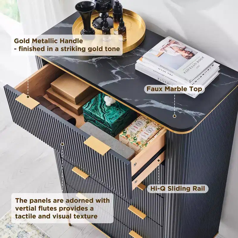 SinCiDo Modern Fluted Drawer Dresser, Gold Accents, Wood TV Stand & Storage Dressers Organizer for Bedroom, Living Room