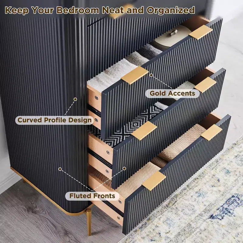 SinCiDo Modern Fluted Drawer Dresser, Gold Accents, Wood TV Stand & Storage Dressers Organizer for Bedroom, Living Room