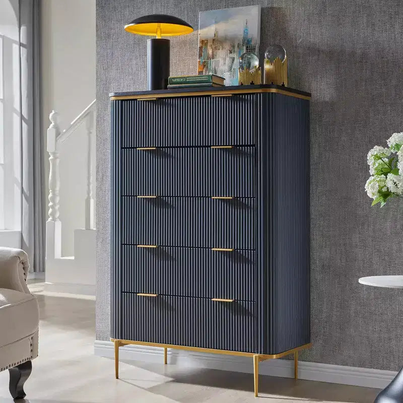 SinCiDo Modern Fluted Drawer Dresser, Gold Accents, Wood TV Stand & Storage Dressers Organizer for Bedroom, Living Room