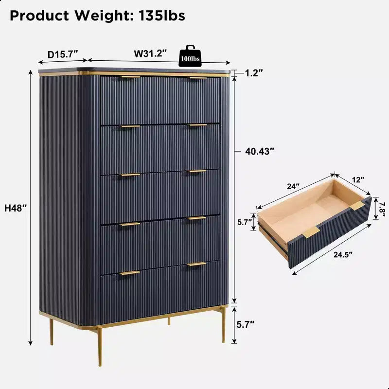SinCiDo Modern Fluted Drawer Dresser, Gold Accents, Wood TV Stand & Storage Dressers Organizer for Bedroom, Living Room