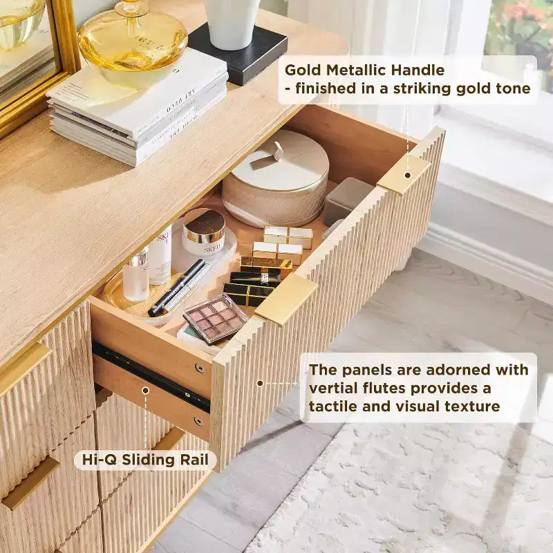 SinCiDo Modern Fluted Drawer Dresser, Gold Accents, Wood TV Stand & Storage Dressers Organizer for Bedroom, Living Room