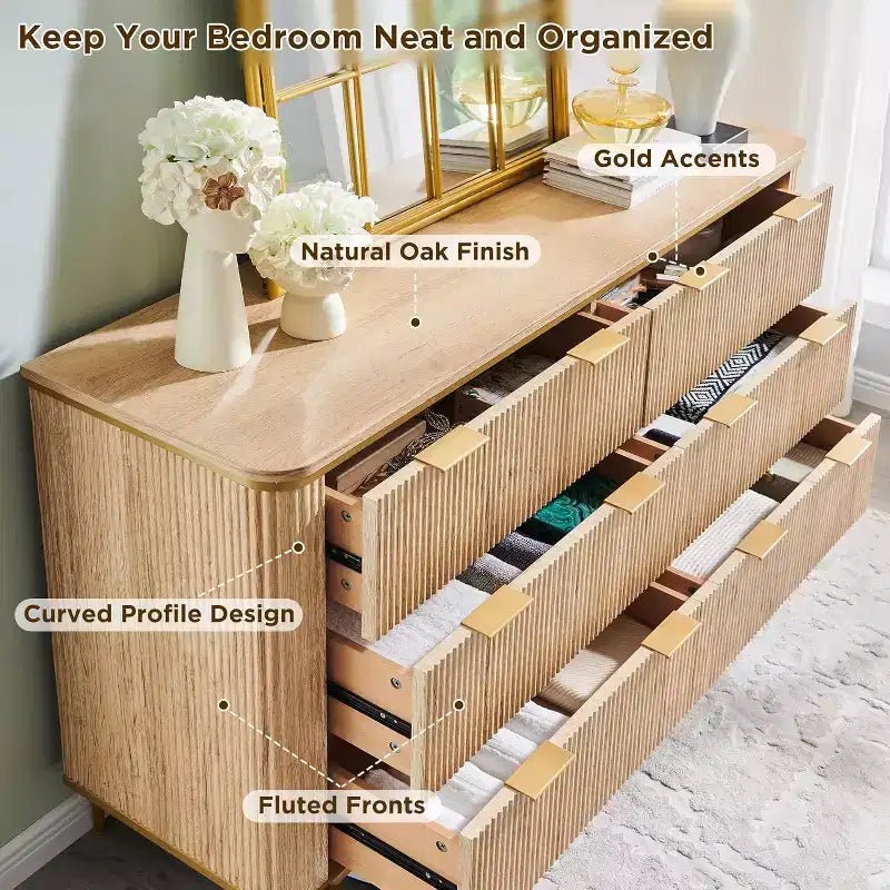 SinCiDo Modern Fluted Drawer Dresser, Gold Accents, Wood TV Stand & Storage Dressers Organizer for Bedroom, Living Room