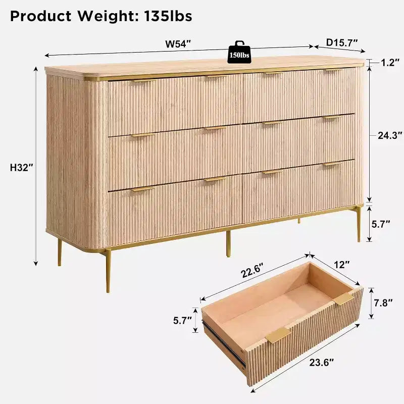 SinCiDo Modern Fluted Drawer Dresser, Gold Accents, Wood TV Stand & Storage Dressers Organizer for Bedroom, Living Room