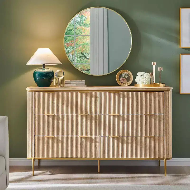 SinCiDo Modern Fluted Drawer Dresser, Gold Accents, Wood TV Stand & Storage Dressers Organizer for Bedroom, Living Room