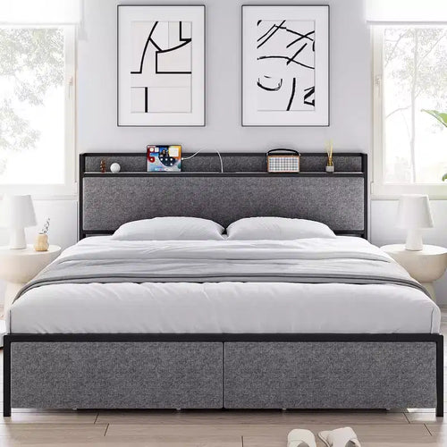 Bed Frame with 2 Storage Drawers and Headboard, Upholstered Bed Frame with Charging Station