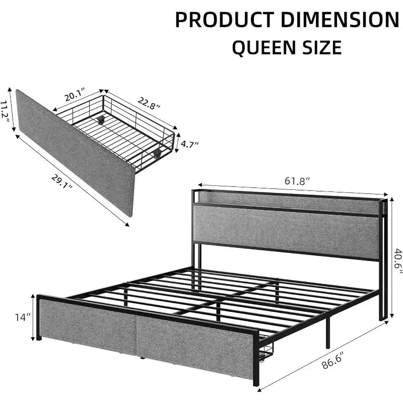 Bed Frame with 2 Storage Drawers and Headboard, Upholstered Bed Frame with Charging Station