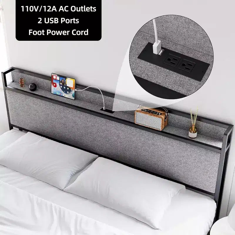 Bed Frame with 2 Storage Drawers and Headboard, Upholstered Bed Frame with Charging Station