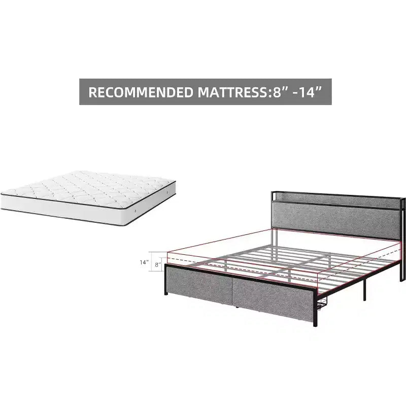 Bed Frame with 2 Storage Drawers and Headboard, Upholstered Bed Frame with Charging Station