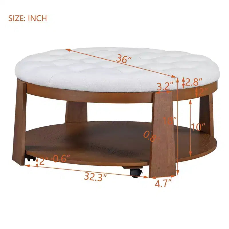 Okak Modern 2-Tier Coffee Table Button Tufted Round Ottoman with Storage Shelf,Upholstered Storage Ottoman for Living Room,Bedroom
