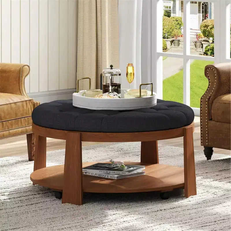 Okak Modern 2-Tier Coffee Table Button Tufted Round Ottoman with Storage Shelf,Upholstered Storage Ottoman for Living Room,Bedroom