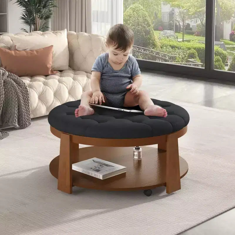 Okak Modern 2-Tier Coffee Table Button Tufted Round Ottoman with Storage Shelf,Upholstered Storage Ottoman for Living Room,Bedroom