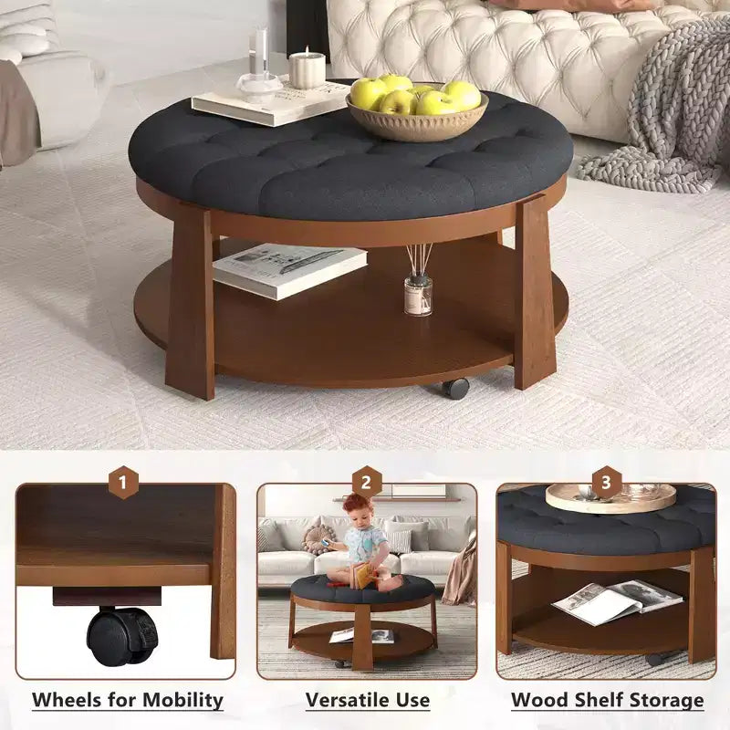 Okak Modern 2-Tier Coffee Table Button Tufted Round Ottoman with Storage Shelf,Upholstered Storage Ottoman for Living Room,Bedroom