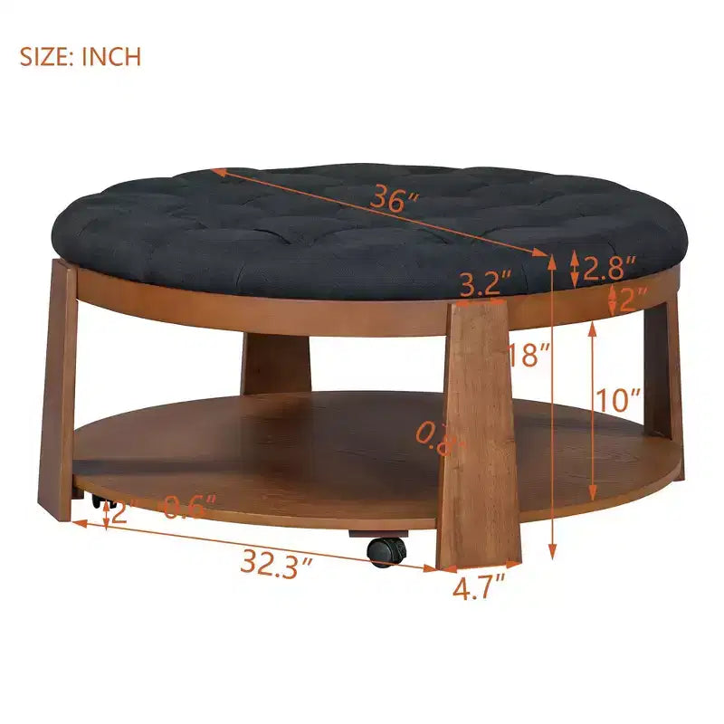 Okak Modern 2-Tier Coffee Table Button Tufted Round Ottoman with Storage Shelf,Upholstered Storage Ottoman for Living Room,Bedroom