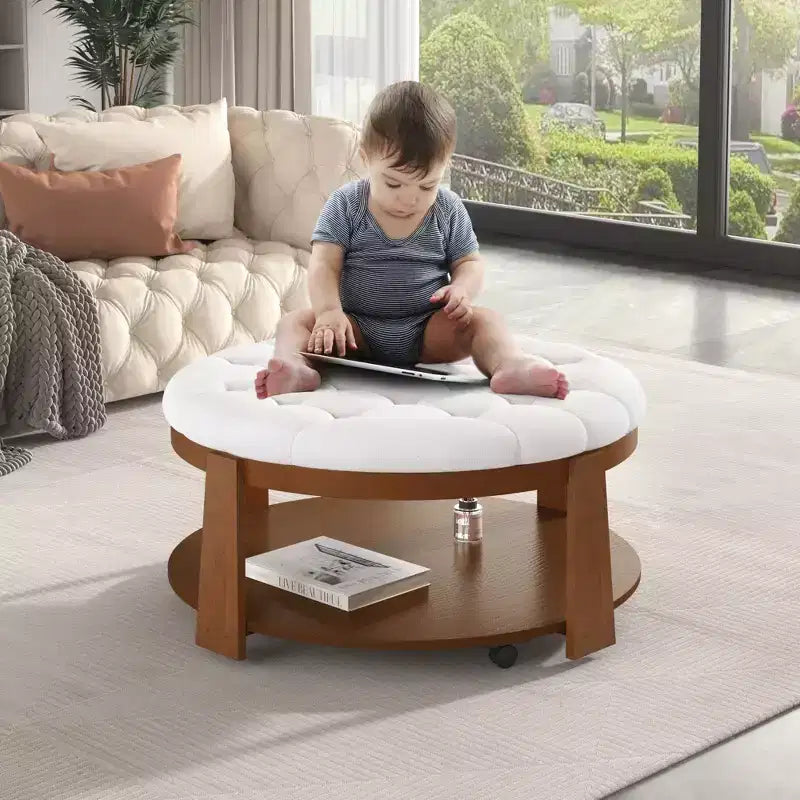 Okak Modern 2-Tier Coffee Table Button Tufted Round Ottoman with Storage Shelf,Upholstered Storage Ottoman for Living Room,Bedroom