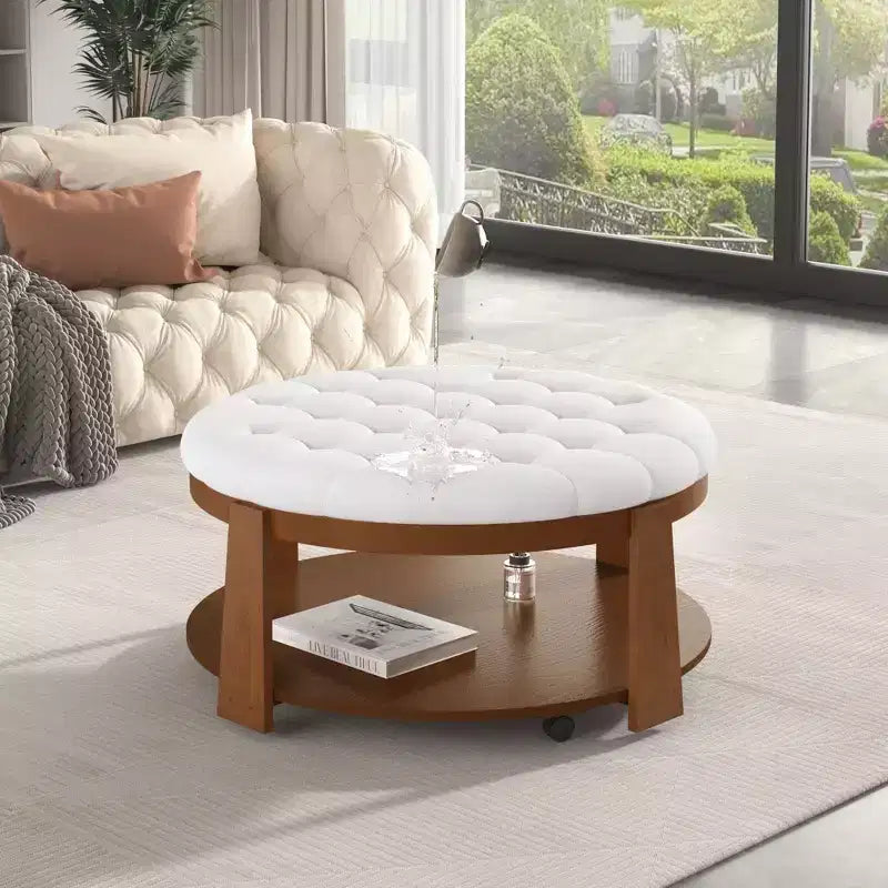 Okak Modern 2-Tier Coffee Table Button Tufted Round Ottoman with Storage Shelf,Upholstered Storage Ottoman for Living Room,Bedroom