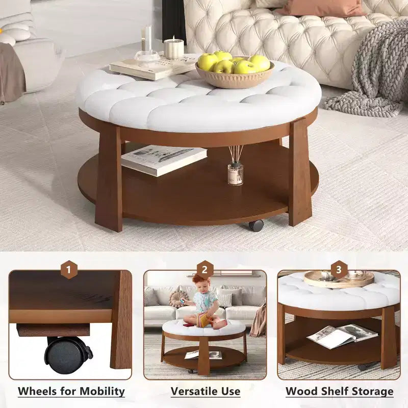 Okak Modern 2-Tier Coffee Table Button Tufted Round Ottoman with Storage Shelf,Upholstered Storage Ottoman for Living Room,Bedroom