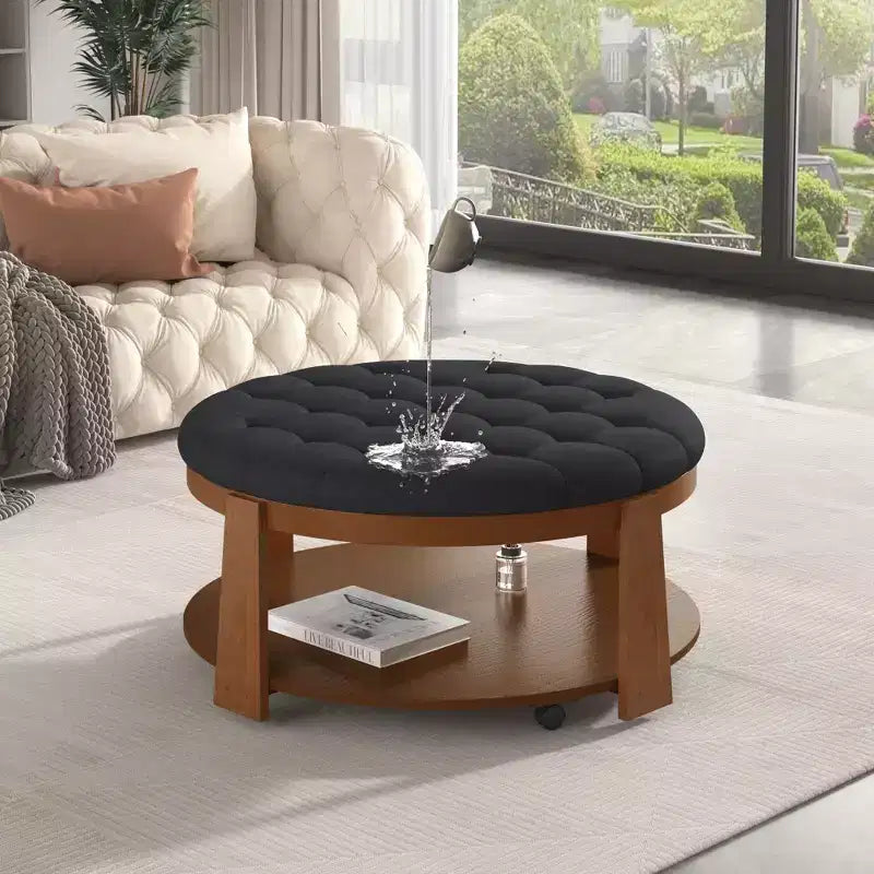 Okak Modern 2-Tier Coffee Table Button Tufted Round Ottoman with Storage Shelf,Upholstered Storage Ottoman for Living Room,Bedroom
