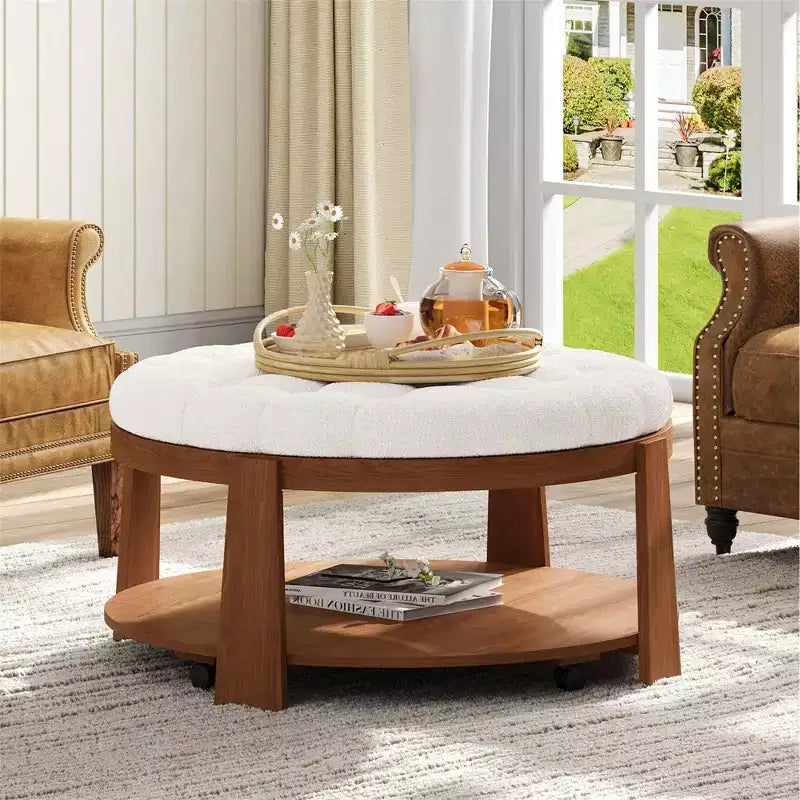 Okak Modern 2-Tier Coffee Table Button Tufted Round Ottoman with Storage Shelf,Upholstered Storage Ottoman for Living Room,Bedroom