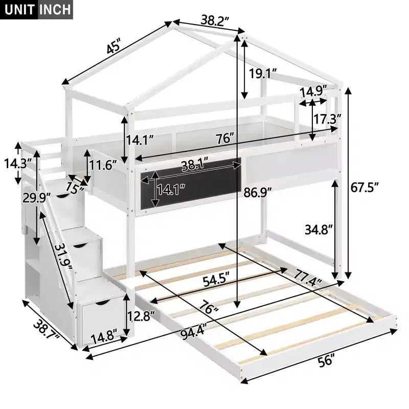 Okak Twin over Full Wood House Bunk Bed with Blackboard Low Loft Bunk Bed with Storage Stairway for Kids Teens, No Box Spring Needed