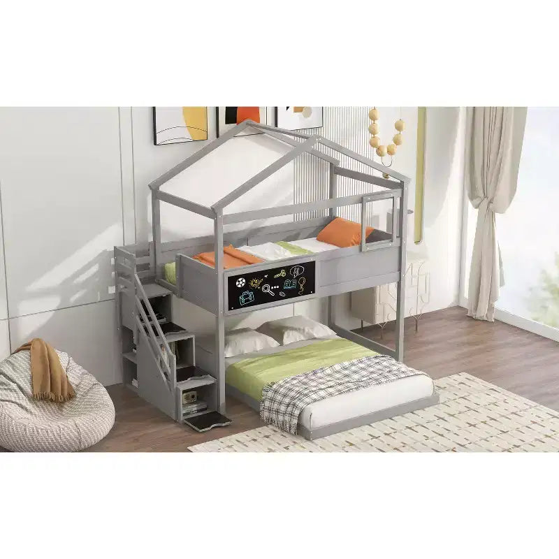 Okak Twin over Full Wood House Bunk Bed with Blackboard Low Loft Bunk Bed with Storage Stairway for Kids Teens, No Box Spring Needed
