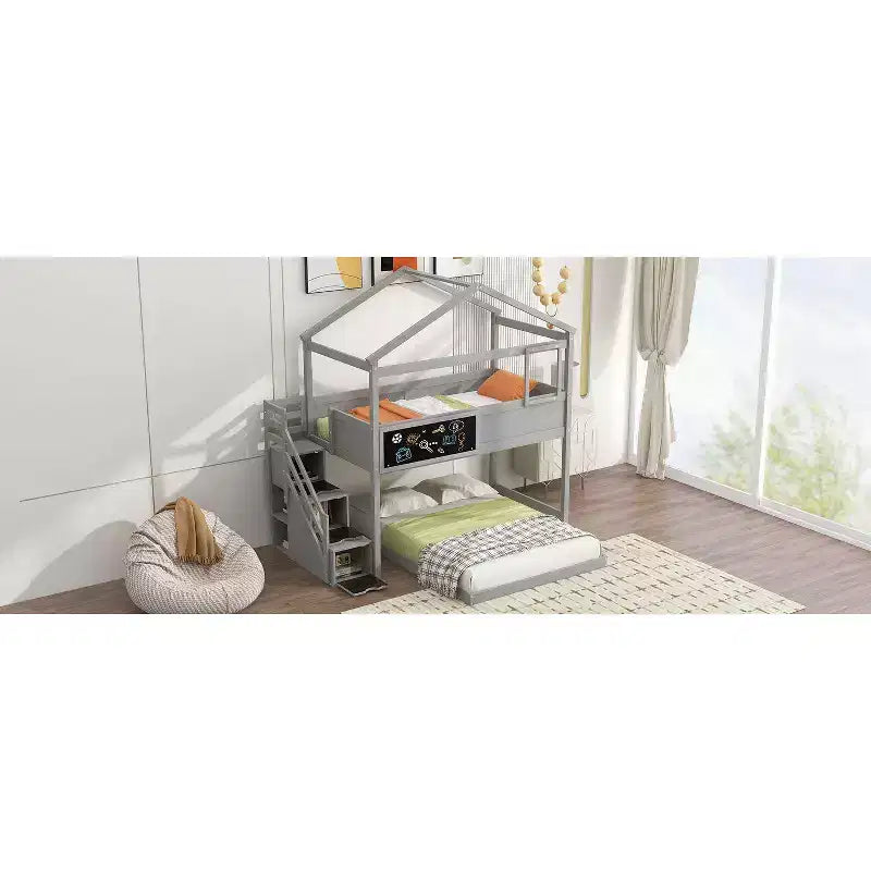Okak Twin over Full Wood House Bunk Bed with Blackboard Low Loft Bunk Bed with Storage Stairway for Kids Teens, No Box Spring Needed