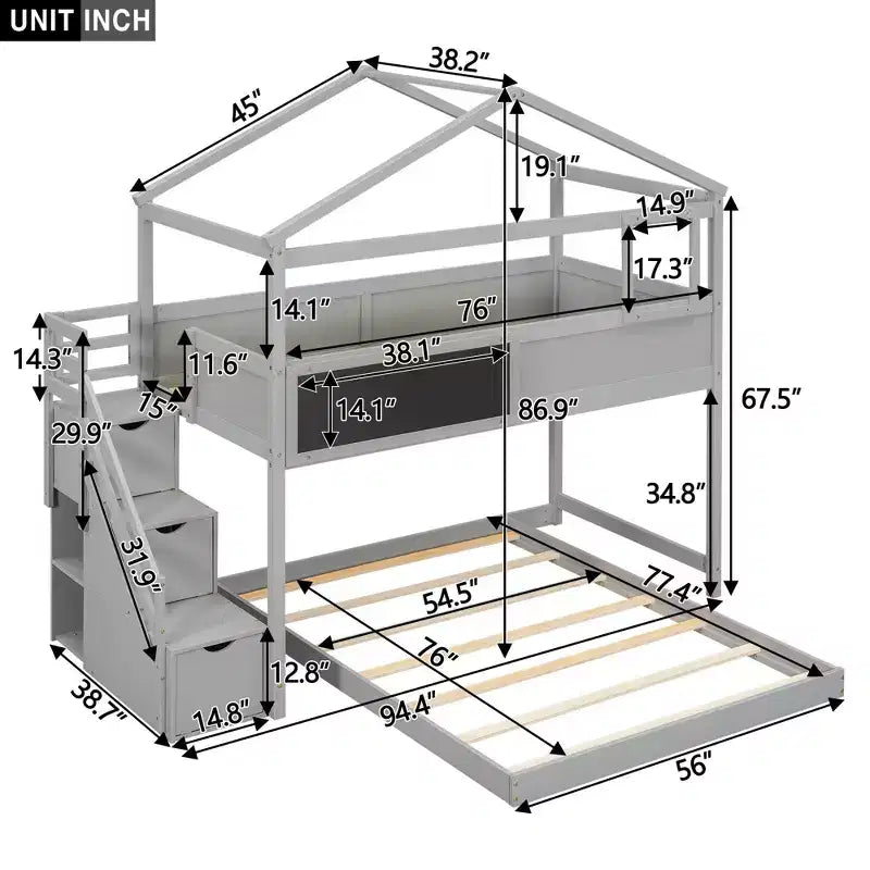 Okak Twin over Full Wood House Bunk Bed with Blackboard Low Loft Bunk Bed with Storage Stairway for Kids Teens, No Box Spring Needed
