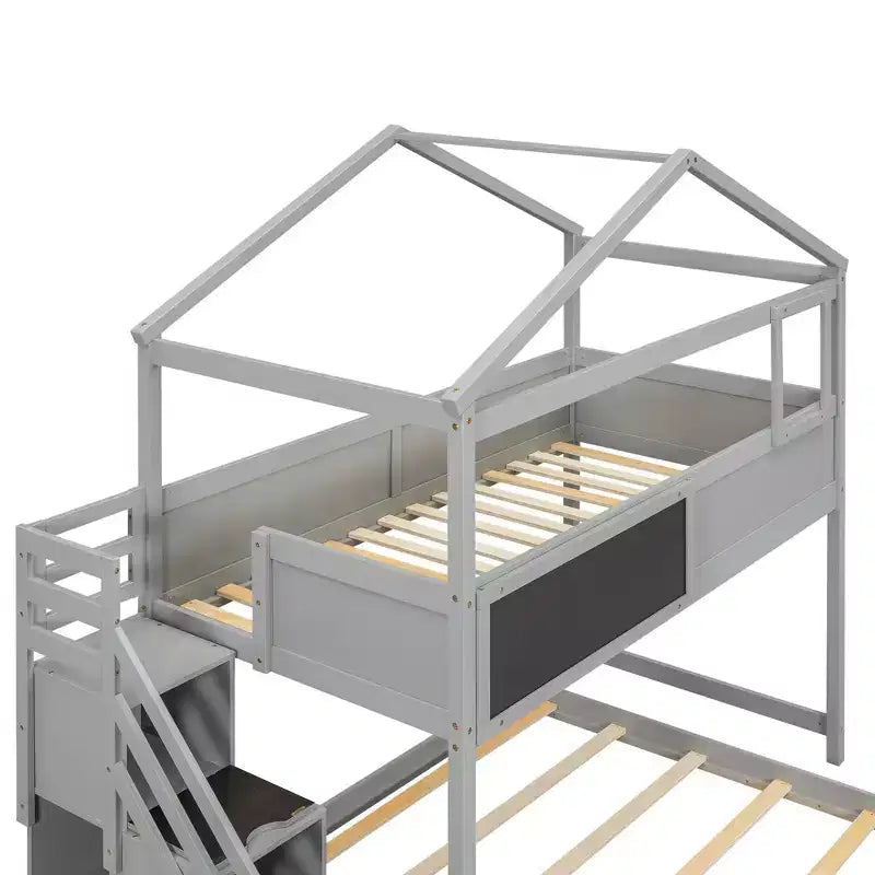 Okak Twin over Full Wood House Bunk Bed with Blackboard Low Loft Bunk Bed with Storage Stairway for Kids Teens, No Box Spring Needed