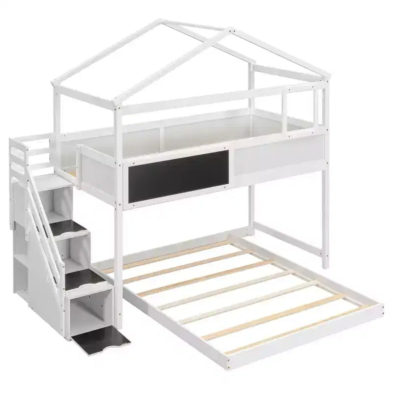 Okak Twin over Full Wood House Bunk Bed with Blackboard Low Loft Bunk Bed with Storage Stairway for Kids Teens, No Box Spring Needed