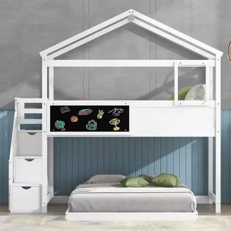 Okak Twin over Full Wood House Bunk Bed with Blackboard Low Loft Bunk Bed with Storage Stairway for Kids Teens, No Box Spring Needed