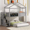 Okak Twin over Full Wood House Bunk Bed with Blackboard Low Loft Bunk Bed with Storage Stairway for Kids Teens, No Box Spring Needed