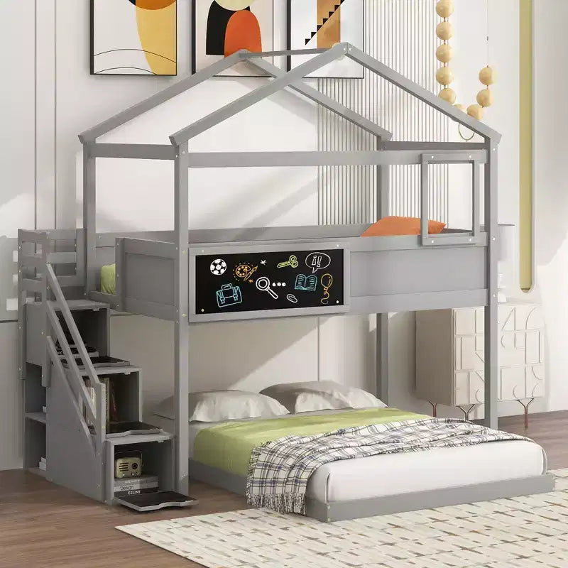 Okak Twin over Full Wood House Bunk Bed with Blackboard Low Loft Bunk Bed with Storage Stairway for Kids Teens, No Box Spring Needed