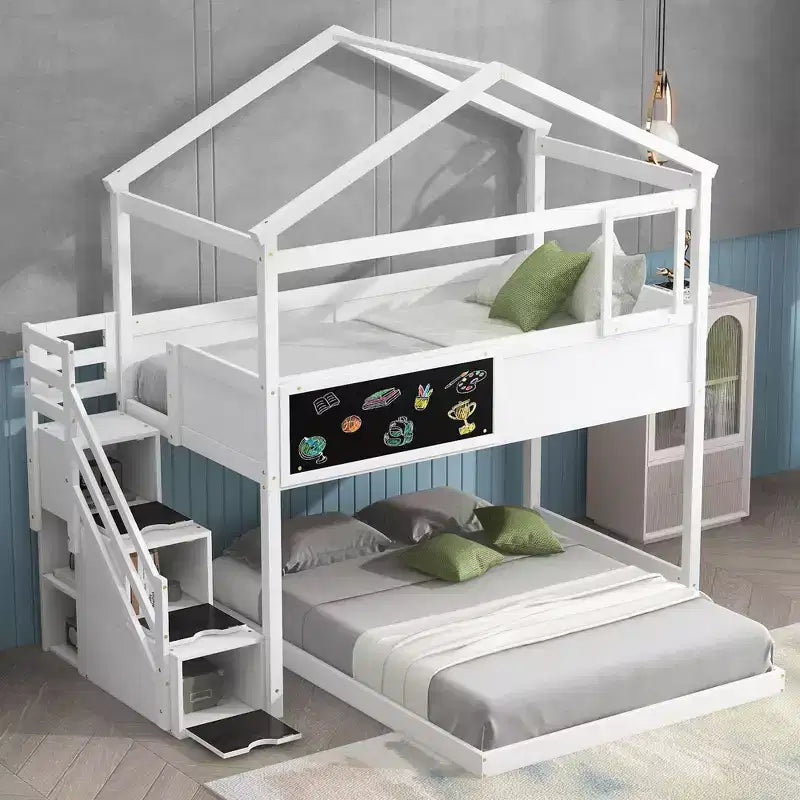Okak Twin over Full Wood House Bunk Bed with Blackboard Low Loft Bunk Bed with Storage Stairway for Kids Teens, No Box Spring Needed