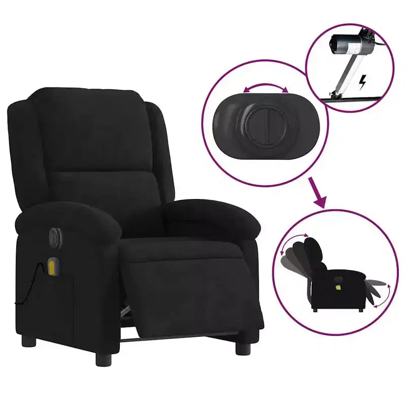 vidaXL Electric Massage Recliner Chair - Wingback Black Velvet Armchair with Vibration Function & Motorized Recline for Living Room/Bedroom