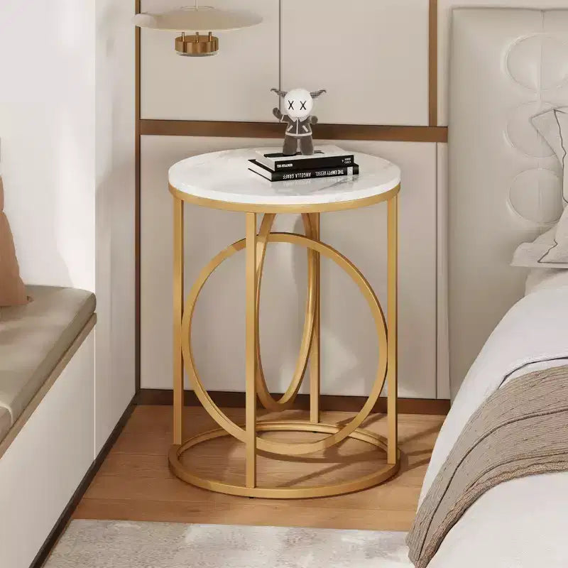 MAYEERTY 19.7 Round End Table, White Faux Marble Top Gold O-Shaped Metal Frame Nightstand